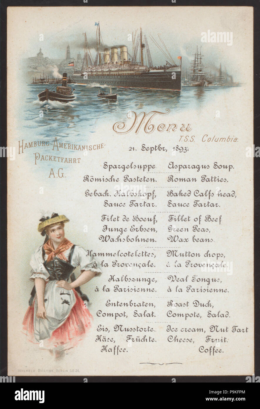 367 DAILY MENU (held by) HAMBURG AMERIKANISCHE PACKETFAHRT A.G. (at) S.S. COLUMBIA (SS;) (NYPL Hades-270294-474944) Stock Photo