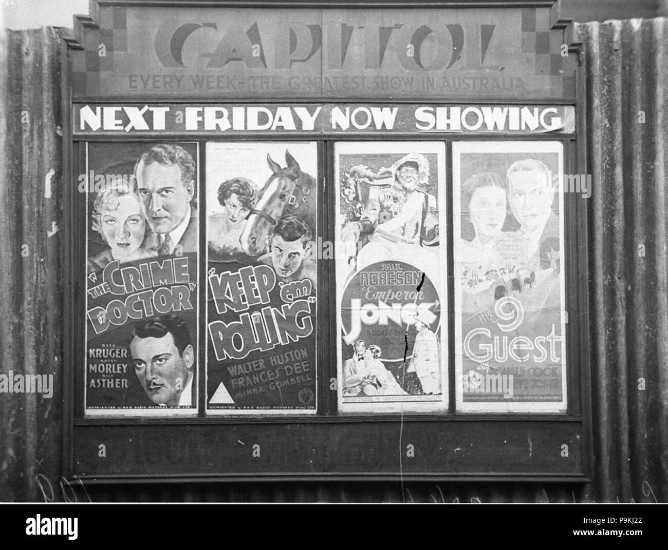 274 SLNSW 6646 Otto Kruger Karen Morley and Nils Asther in The Crime Doctor and Walter Huston Frances Dee and Minna Gombell in Keep em Rolling Capitol Theatre posters Stock Photo