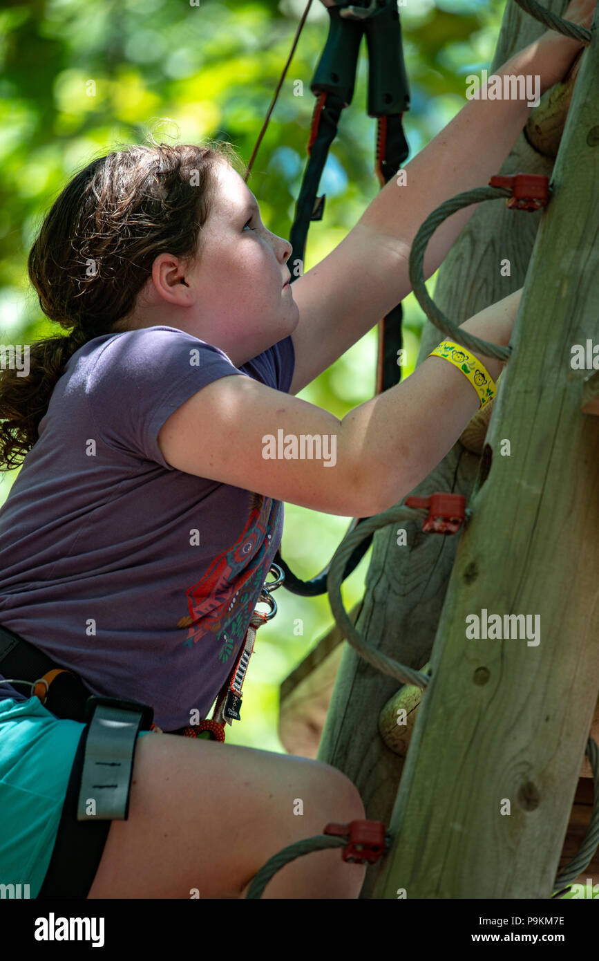 Portrait of a beautiful girl on a rope park among trees. Children summer activities. Stock Photo