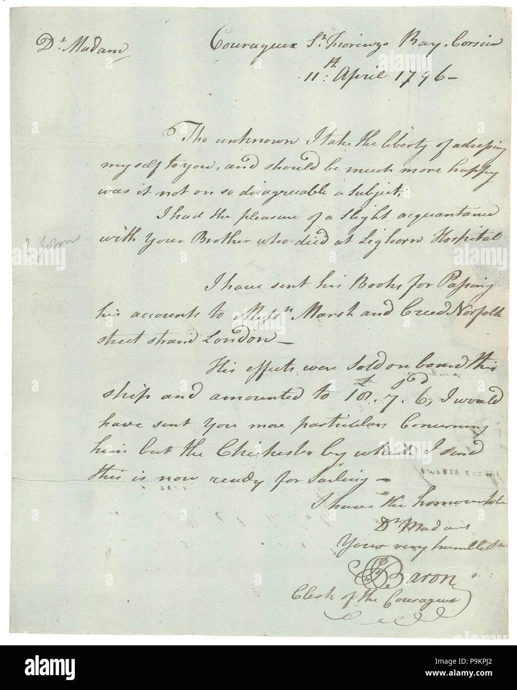 293 SLNSW 820655 Letters 1796 Letter from Mr Baron to Miss Elizabeth Blackburn Mrs Eliza Burrows informing her of her brothers death John Blackburn at Leghorn Hospital Courageux St Fiorenzo Bay Corsica 11 Apr 1796 Stock Photo