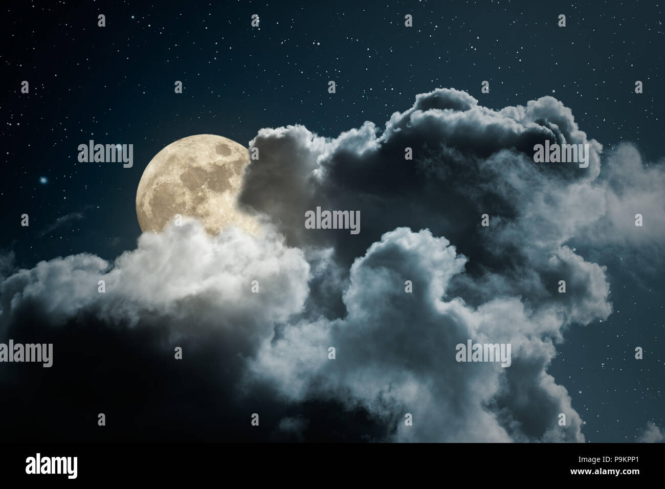 Full Moon Behind The Clouds On A Starry Night Stock Photo Alamy
