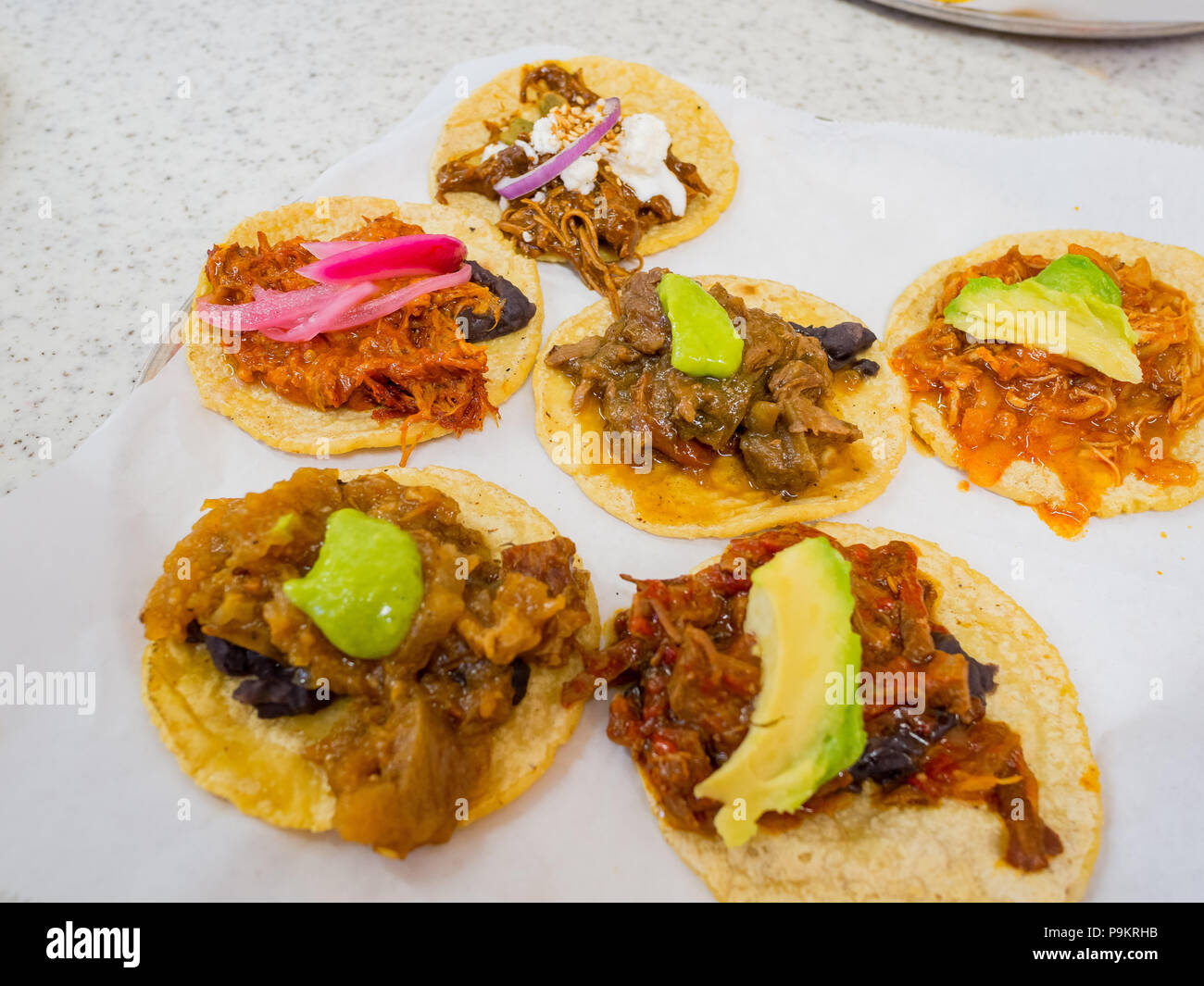 Close up shot of sixe meat teco sampler, ate at Los Angeles, California Stock Photo