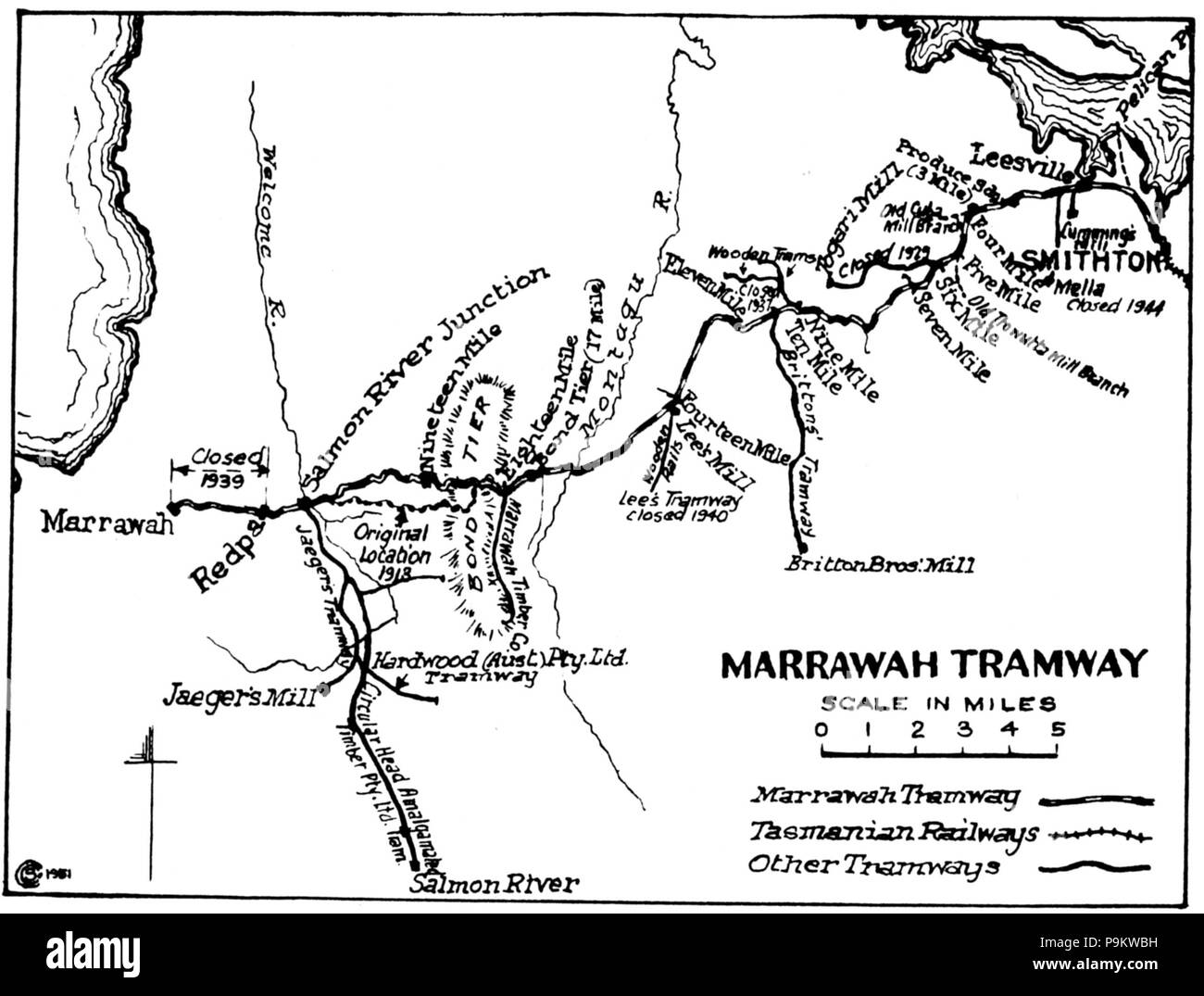 311 The Marrawah Tramway -Map by ‘Wanderer’, ‘Railways and Tramways of the Circular Head District’, Australian Railway Historical Bulletin No.168, October 1951 Stock Photo