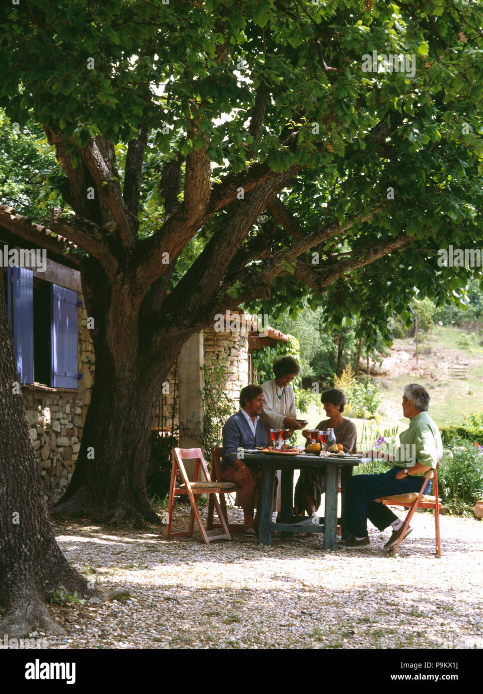 People enjoying lunch below large tree outside Procencal house in France         FOR EDITORIAL USE ONLY Stock Photo