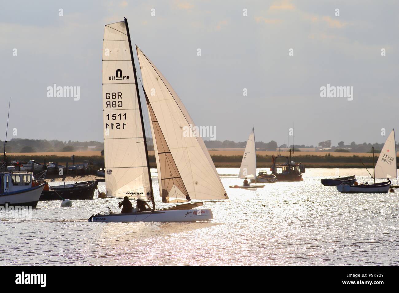 UK Weather: Warm summer evening for dinghy sailing on the River Deben. Bawdsey Quay, Suffolk. Credit: Angela Chalmers/Alamy Live News Stock Photo