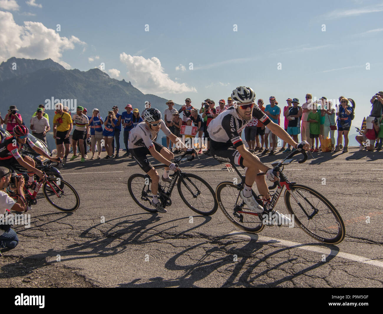 Tom Dumoulin, Geraint Thomas and Damiano Caruso climbing competing in France. 18th July, 2018. Tour de France 2018 cycling stage 11 La Rosiere Rhone Alpes Savoie France Credit: Fabrizio Malisan/Alamy Live News Stock Photo