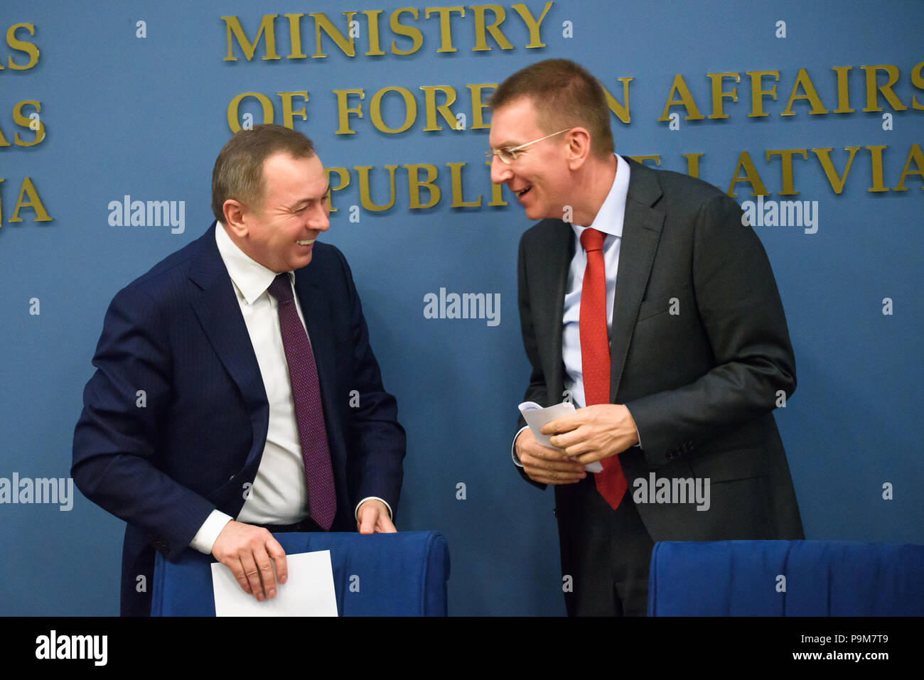 Riga, Latvia. 19th July 2018. 19.07.2018.  Press conference of Latvian Minister Edgars Rinkevics and Belarussian Minister of Foreign Affairs Vladimir Makei. Credit: Gints Ivuskans/Alamy Live News Stock Photo