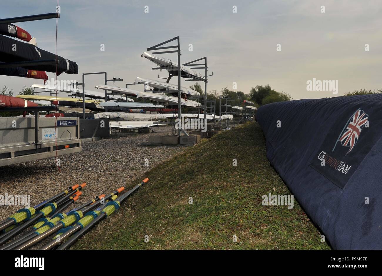 Redgrave Pinsent Rowing Lake, UK. 19th July 2018. Racks of boats. British rowing announcement of team for the European Championships at Glasgow2018. Redgrave Pinsent Rowing Lake. Berkshire. UK. 19/07/2018. Credit: Sport In Pictures/Alamy Live News Stock Photo