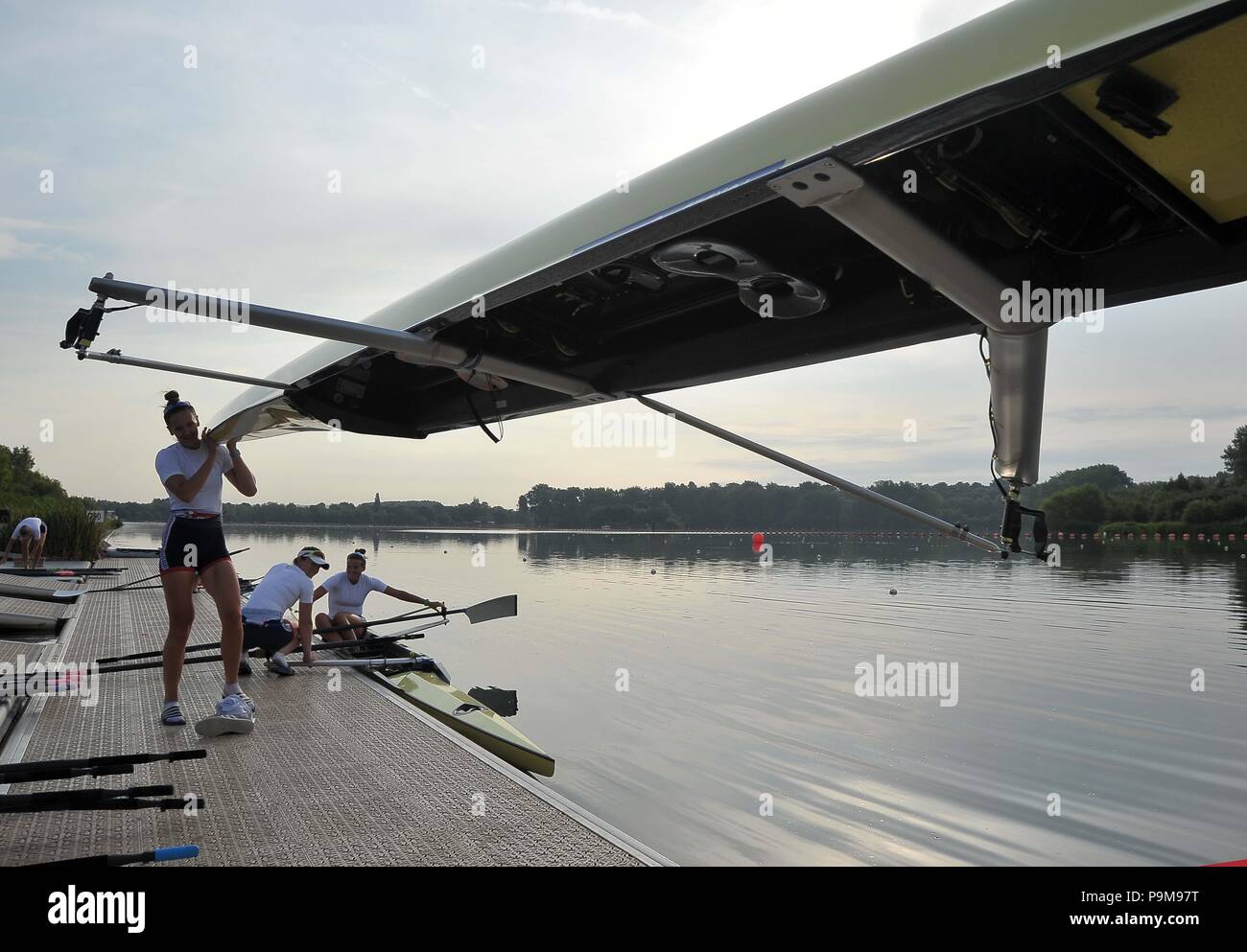 Redgrave Pinsent Rowing Lake, UK. 19th July 2018. The team getting ready for training. British rowing announcement of team for the European Championships at Glasgow2018. Redgrave Pinsent Rowing Lake. Berkshire. UK. 19/07/2018. Credit: Sport In Pictures/Alamy Live News Stock Photo