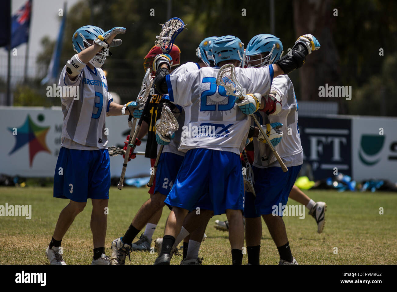 Netanya, Israel. 19th July, 2018. Argentina players celebrate scoring a goal during the 2018 World Lacrosse Championship 29th to 32nd place match between Argentina and Spain at the Orde Wingate Institute for Physical Education and Sports in Netanya, Israel, 19 July 2018. Credit: Ilia Yefimovich/dpa/Alamy Live News Stock Photo