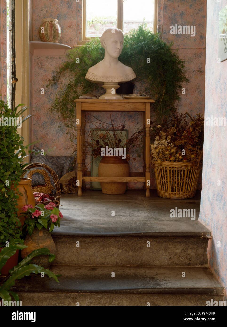 Stone steps in small hall with classical bust on a pine table with a lush green pot plant Stock Photo