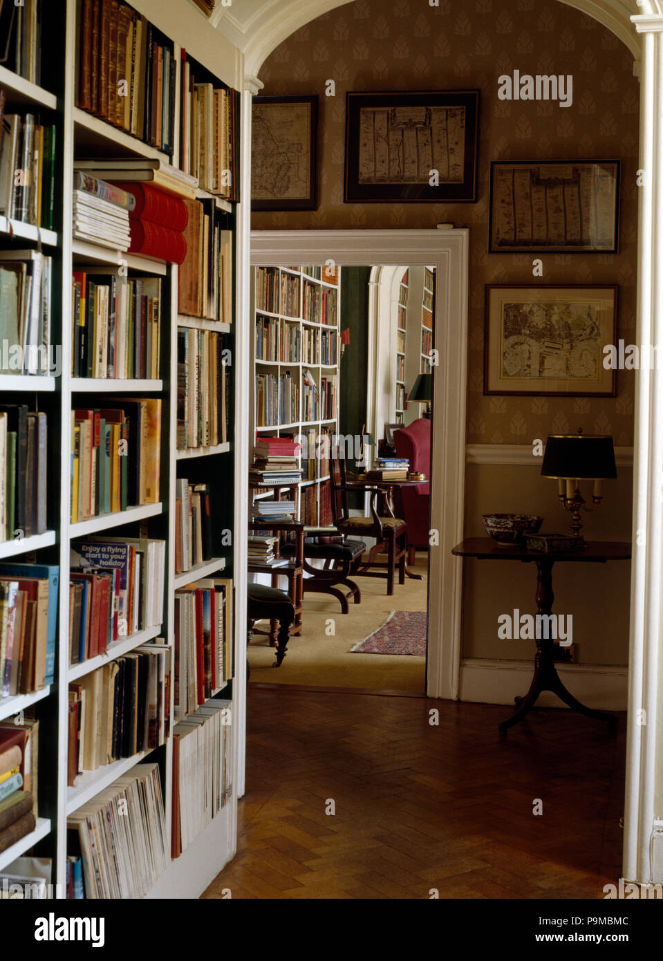Fitted bookcase in eighties country hall Stock Photo