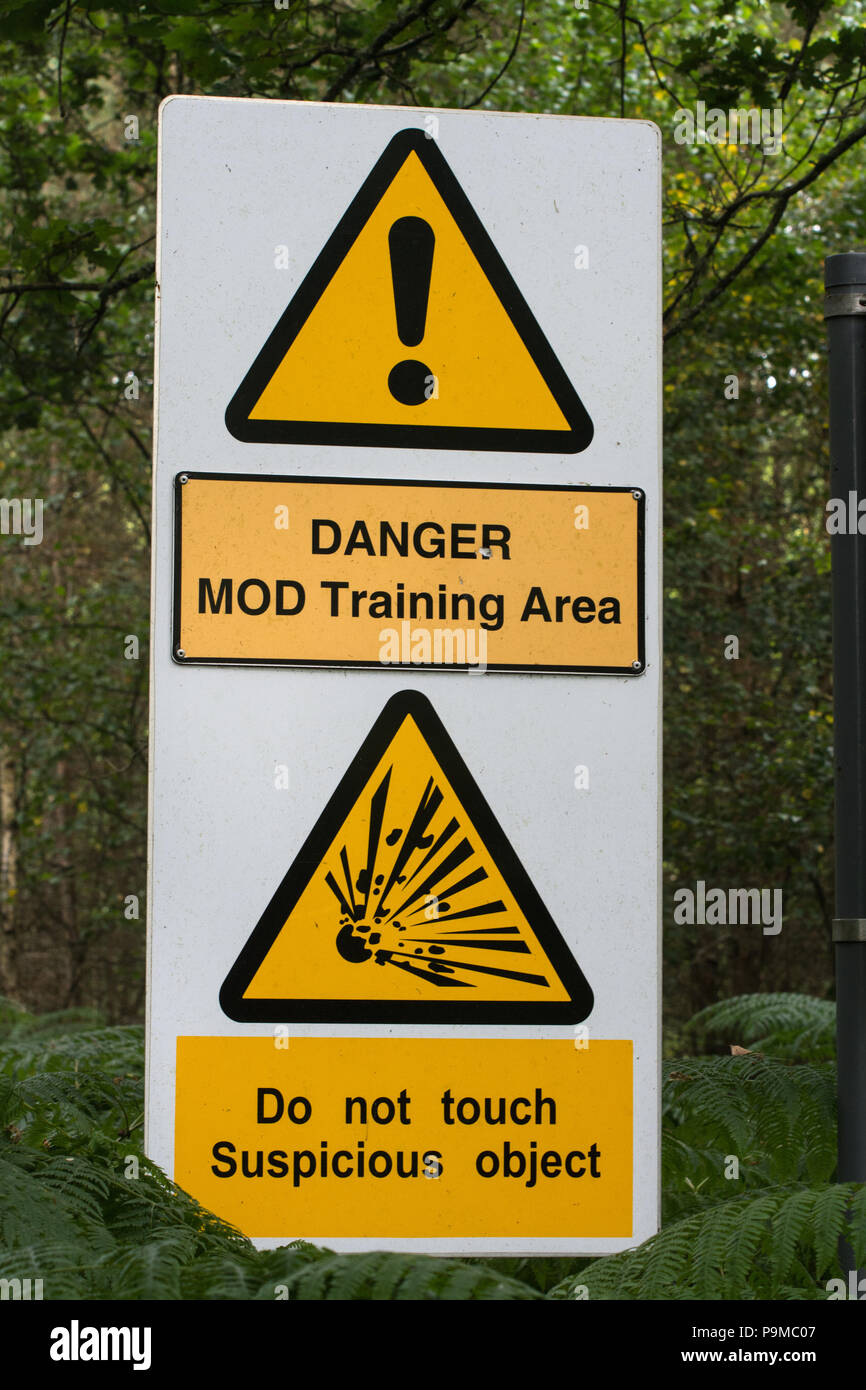 Sign warning of Danger MOD Training Area Stock Photo