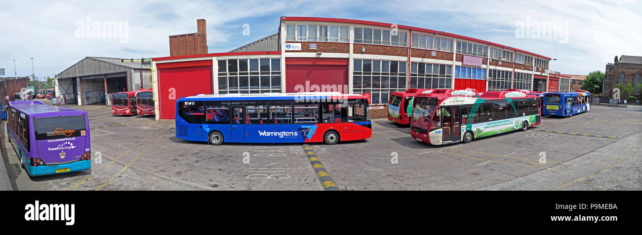 Warringtons Own Buses, main depot panorama, Wilderspool Causeway, Cheshire, North West England, UK Stock Photo