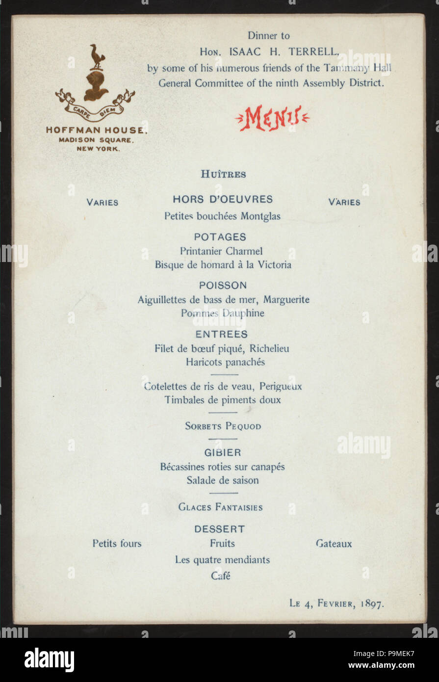 574 DINNER TO HON.ISAAC H. TERRELL (held by) TAMMANY HALL GENERAL COMMITTEE OF THE NINTH ASSEMBLY DISTRICT (at) &quot;HOFFMAN HOUSE,NEW YORK, NY&quot; (HOTEL;) (NYPL Hades-270865-470573) Stock Photo
