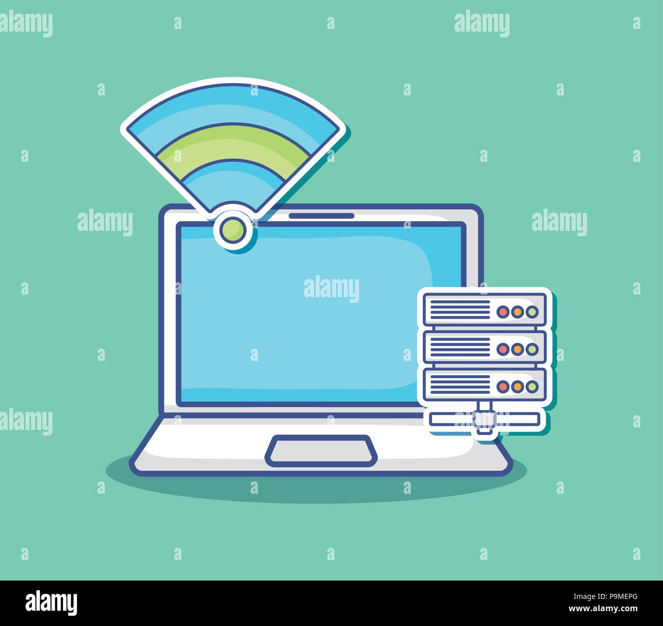 digital marketing design with laptop computer over turquoise background ...