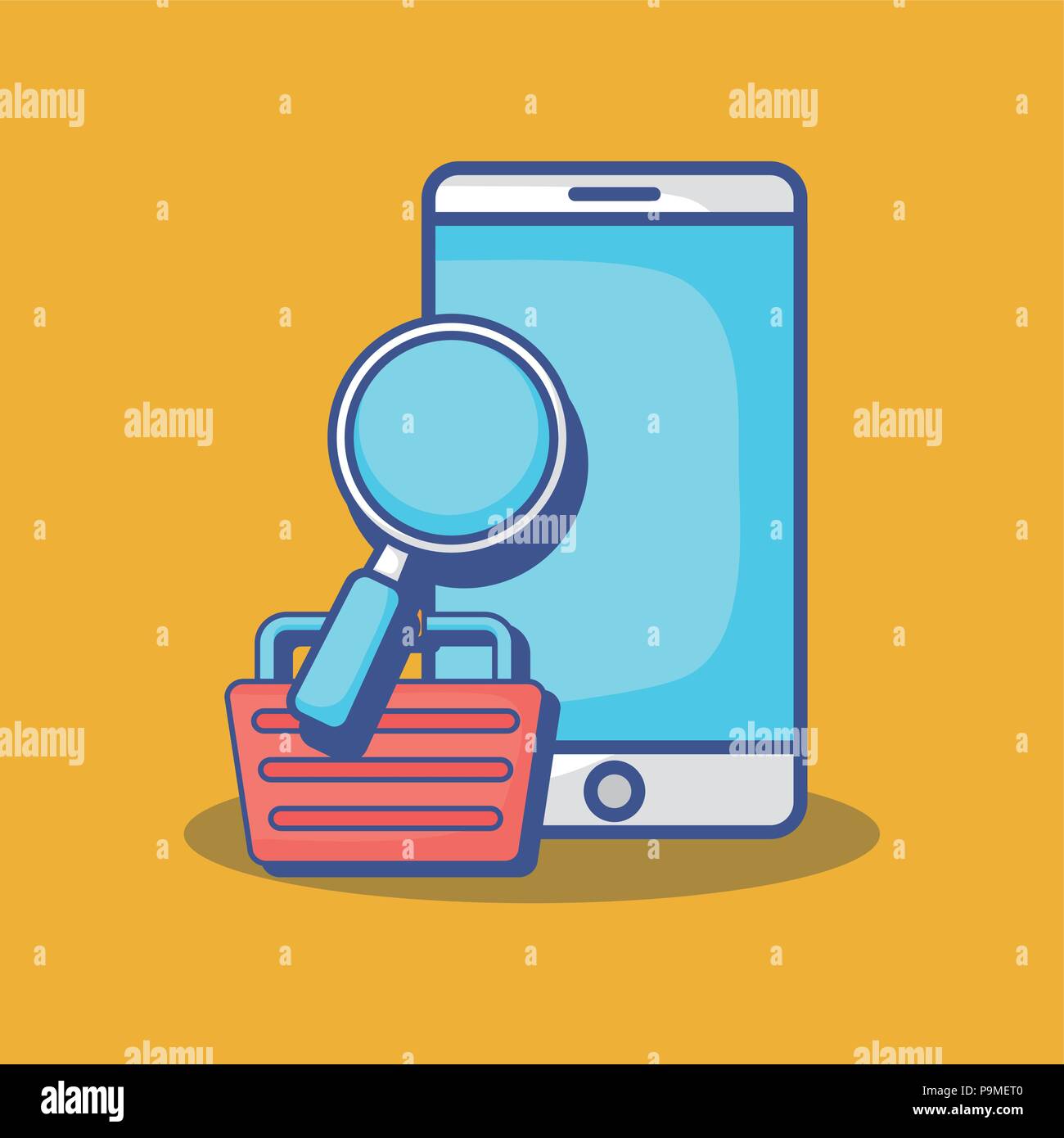 smartphone device and magnigying glass icon over yellow background ...