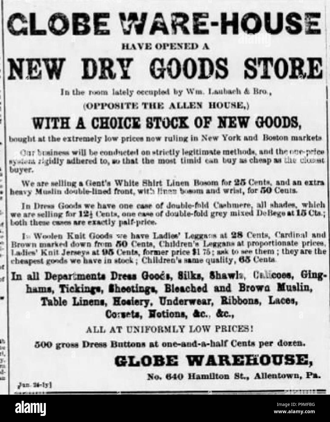 21 1883 Globe Warehouse Newspaper Ad Allentown PA Stock Photo Alamy