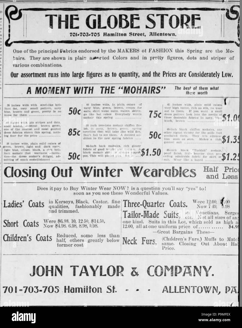27 1905 Globe Store Newspaper Ad Allentown PA Stock Photo Alamy