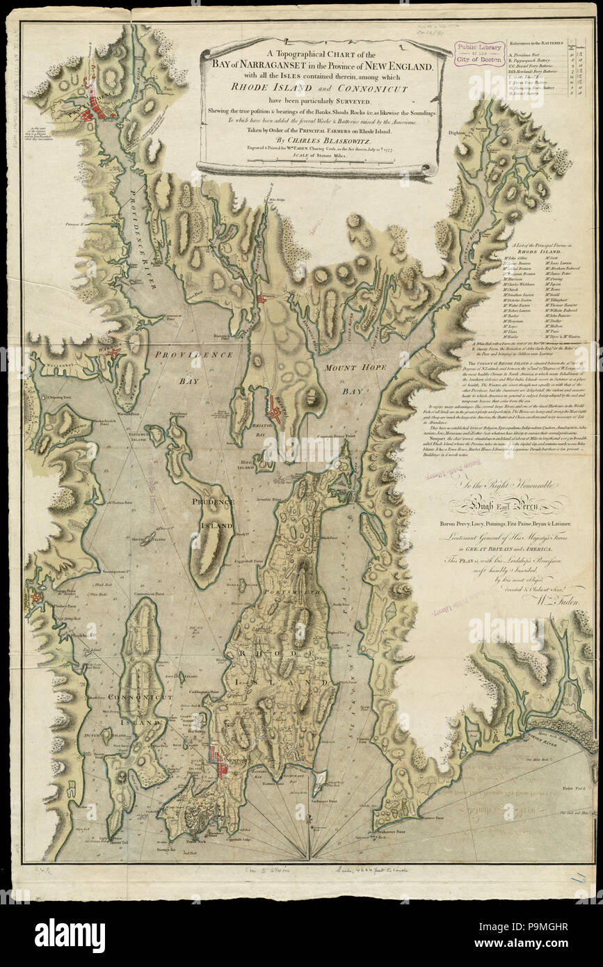 90 A topographical chart of the bay of Narraganset in the province of New England - with all the isles contained therein, among which Rhode Island and Connonicut have been particularly surveyed; shewing (10210586844) Stock Photo