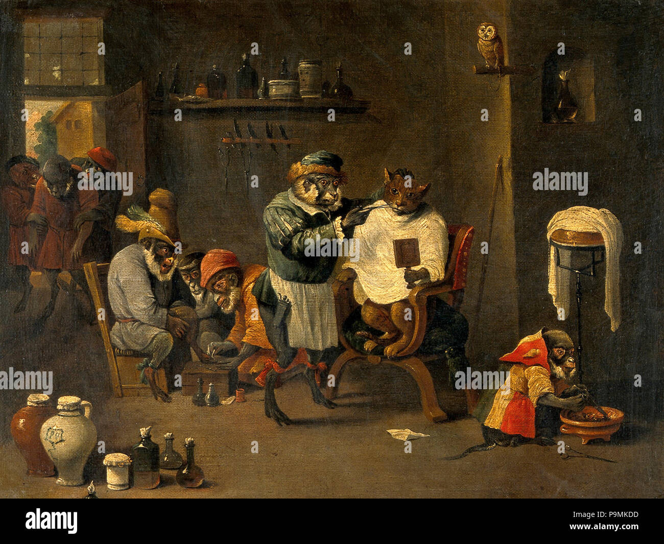 A monkey barber-surgeon's establishment. Oil painting after Wellcome V0017621. Stock Photo
