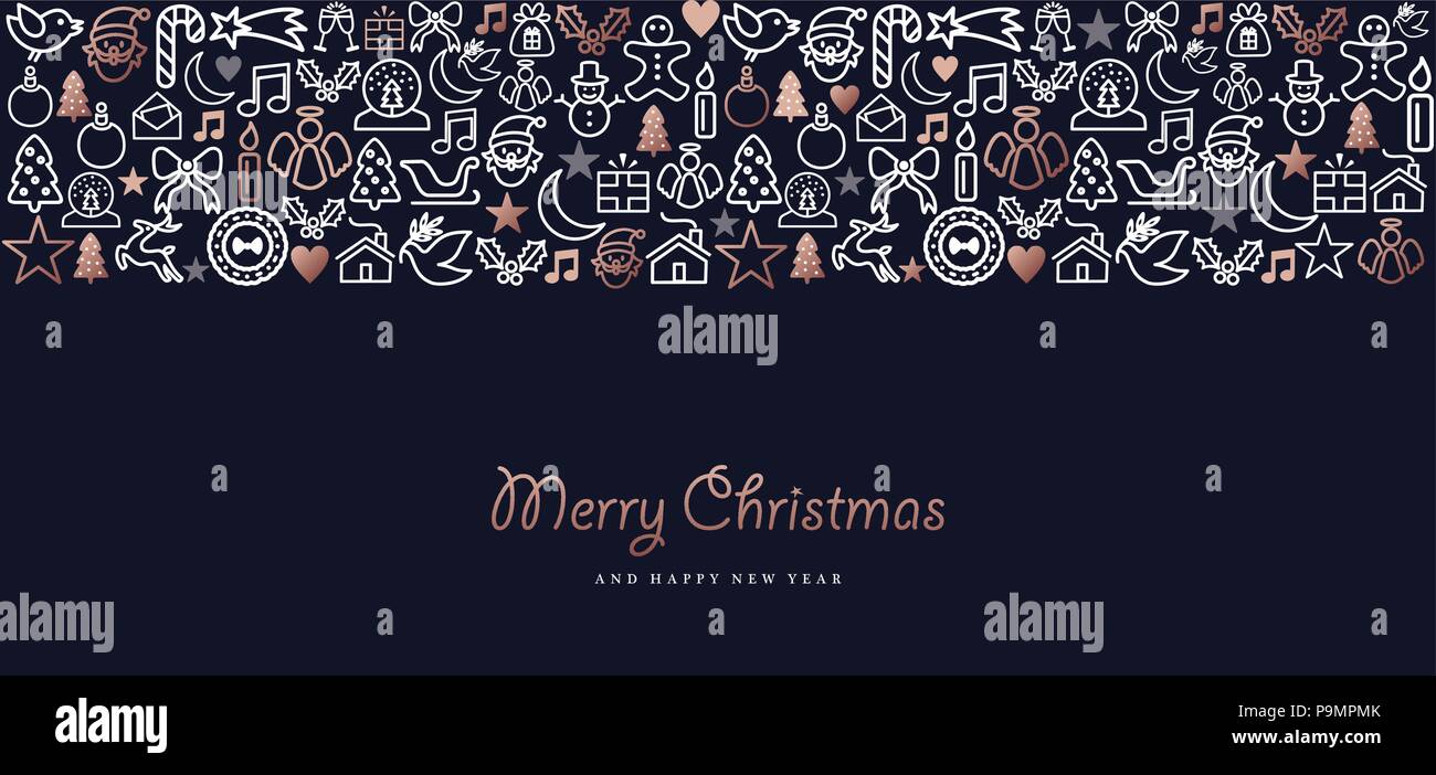 Merry Christmas and Happy New Year greeting card holiday outline icon set in copper color
