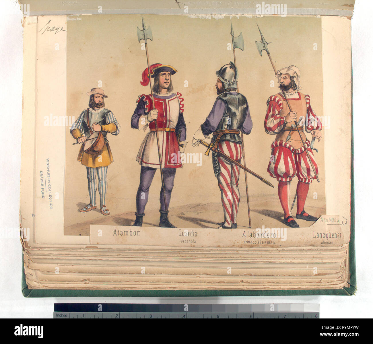163 Atambor; Guardia, espanola; Alabardero, armado á la suiza; Lansquenet, aleman. 1496 (NYPL b14896507-87431) Stock Photo