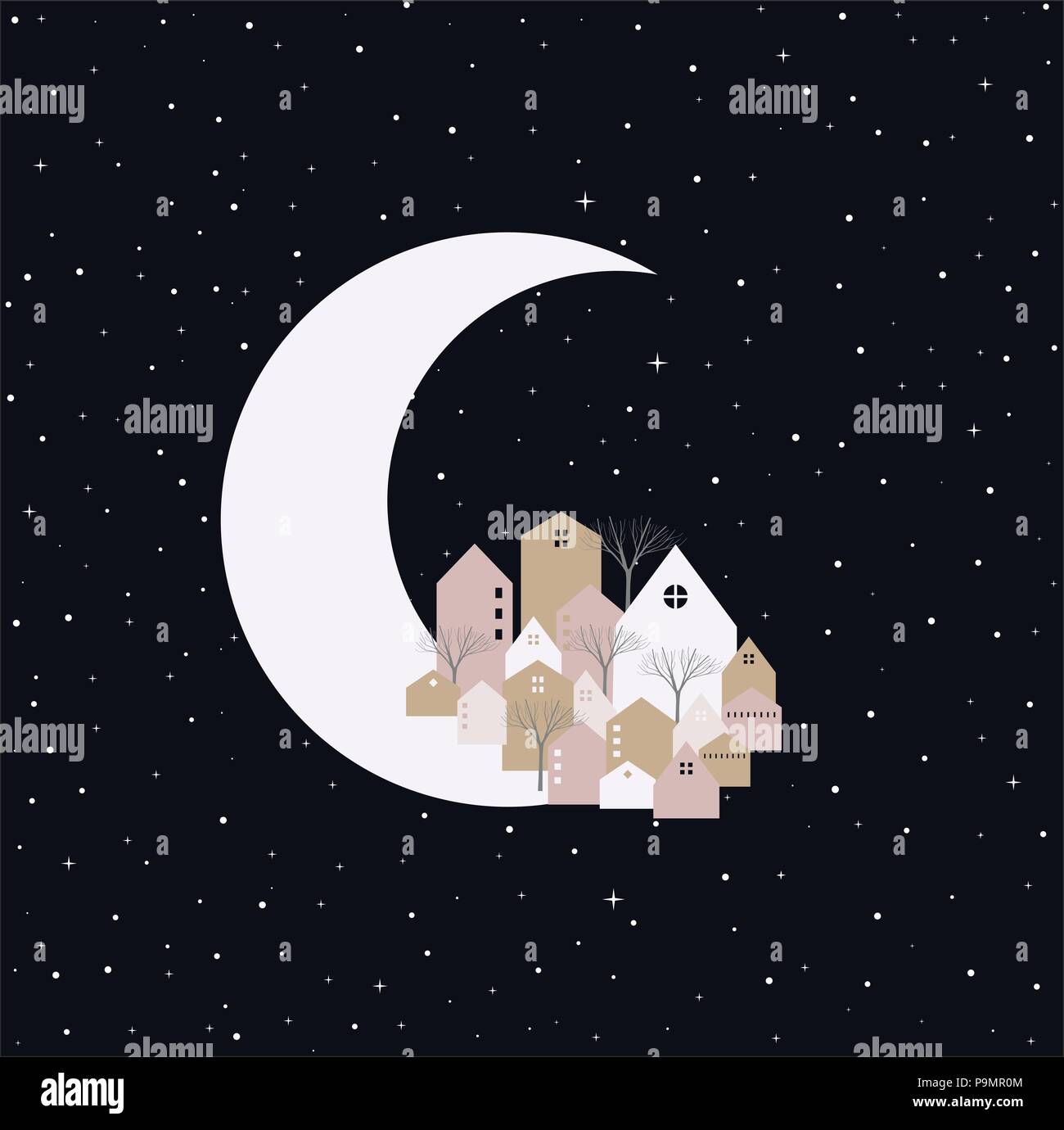 Small city on christmas eve night. Moon with cute houses and winter trees in star sky background. EPS10 vector. Stock Vector