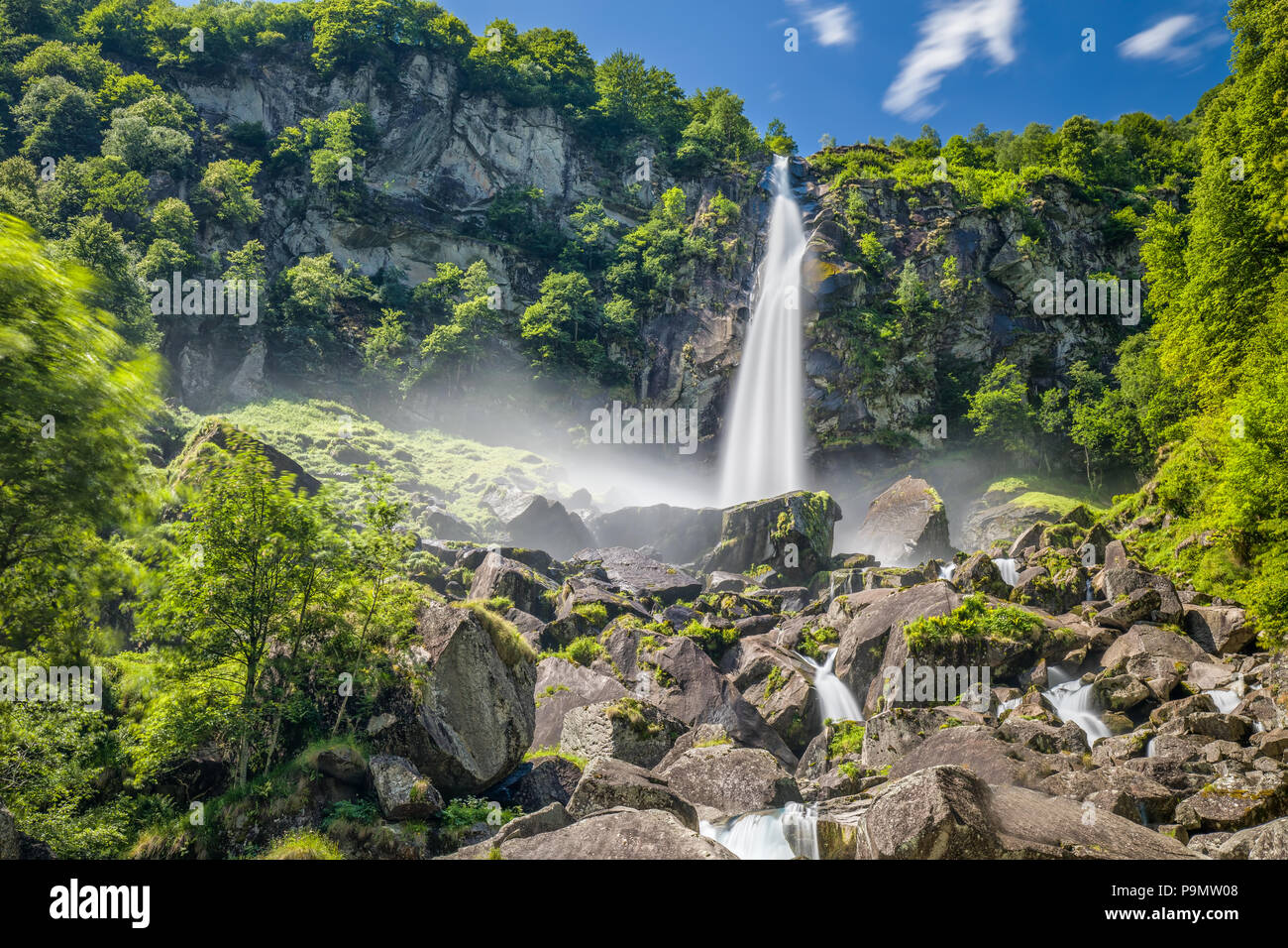 Foroglio waterfall with Swiss Alps in canton Ticino, Bavona valley, Switzerland, Europe. Stock Photo