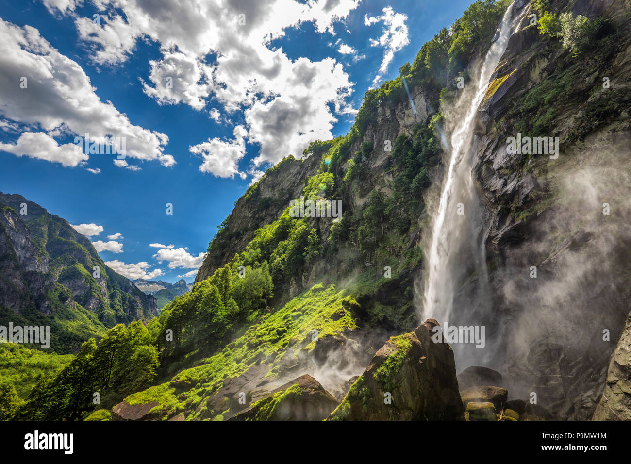 Foroglio waterfall with Swiss Alps in canton Ticino, Bavona valley, Switzerland, Europe. Stock Photo