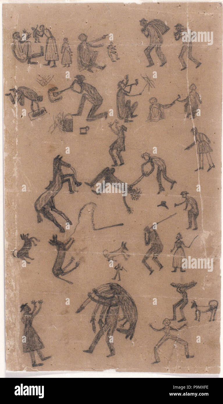 284 SLNSW 799108 13 European and aboriginal figures pencil drawing by Mickie 1875 Stock Photo