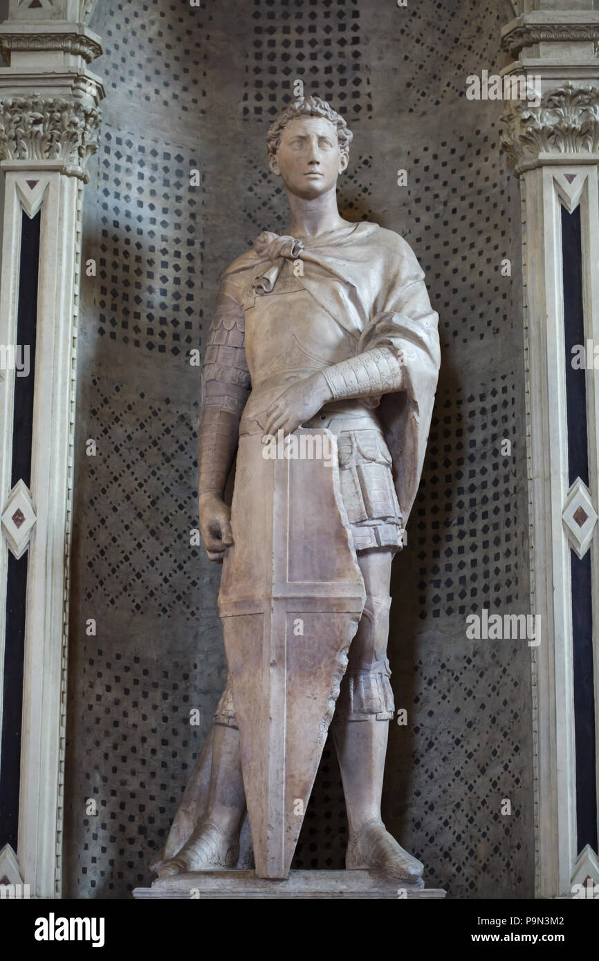 Marble statue of Saint George by Italian Renaissance sculptor Donatello (1416-1417) on display in the Bargello Museum (Museo Nazionale del Bargello) in Florence, Tuscany, Italy. Stock Photo
