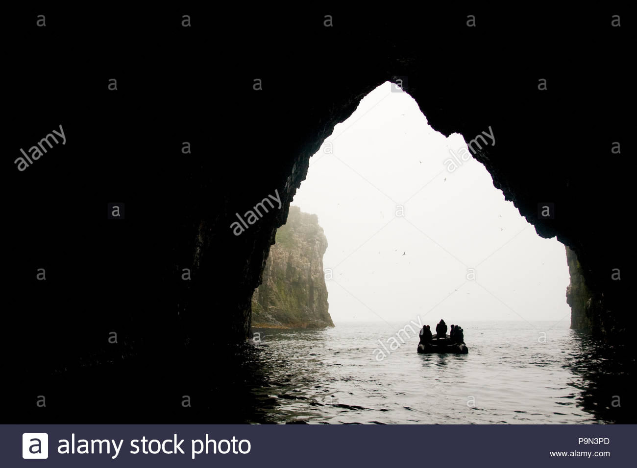 Men in inflatable boat explore Bear Island in the Barents Sea. Stock Photo