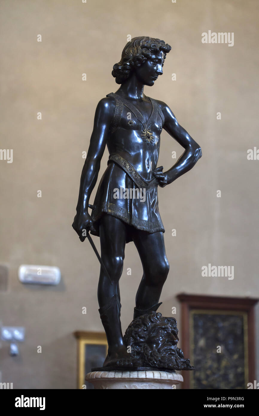 Bronze statue of David by Italian Renaissance sculptor Andrea del Verrocchio (ca. 1466-1469) on display in the Bargello Museum (Museo Nazionale del Bargello) in Florence, Tuscany, Italy. Stock Photo