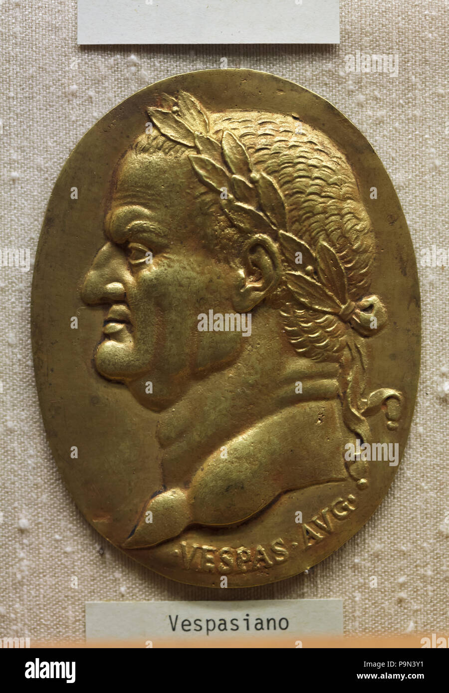 Roman Emperor Vespasian (reigned 69-79 AD) depicted in the Italian Renaissance bronze plaque from the 16th century on display in the Bargello Museum (Museo Nazionale del Bargello) in Florence, Tuscany, Italy. Stock Photo