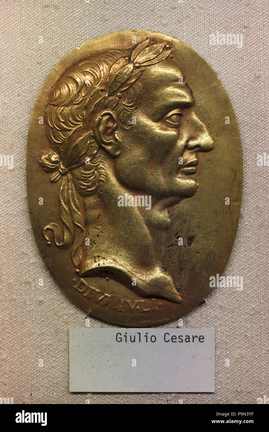 Gaius Julius Caesar depicted in the Italian Renaissance bronze plaque from the 16th century on display in the Bargello Museum (Museo Nazionale del Bargello) in Florence, Tuscany, Italy. Stock Photo