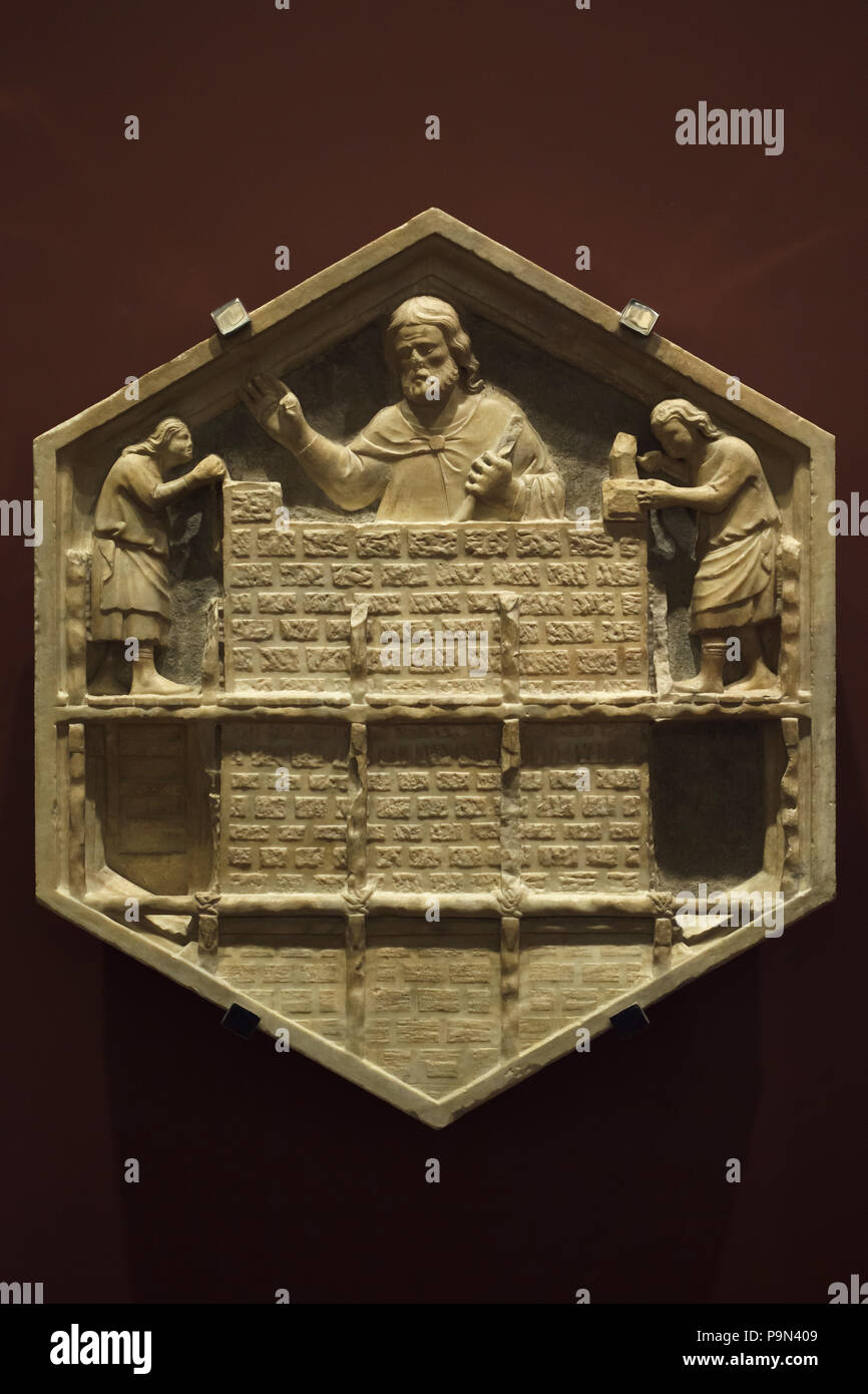 Allegory of the art of building depicted in the hexagonal relief by Italian Renaissance sculptor Andrea Pisano and assistants (1343-1348) from the Giotto's Campanile (Campanile di Giotto), now on display in the Museo dell'Opera del Duomo (Museum of the Works of the Florence Cathedral) in Florence, Tuscany, Italy. Stock Photo