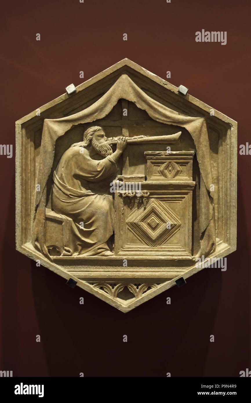 Jubal as personification of the beginning of the art of music depicted in the hexagonal relief by Italian Renaissance sculptor Andrea Pisano (1334-1343) from the Giotto's Campanile (Campanile di Giotto), now on display in the Museo dell'Opera del Duomo (Museum of the Works of the Florence Cathedral) in Florence, Tuscany, Italy. Stock Photo
