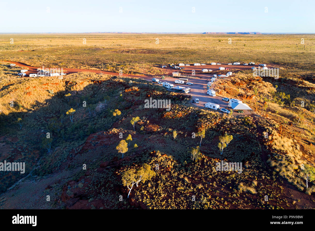 Aerial view of Caravan camping area in the Australian outback