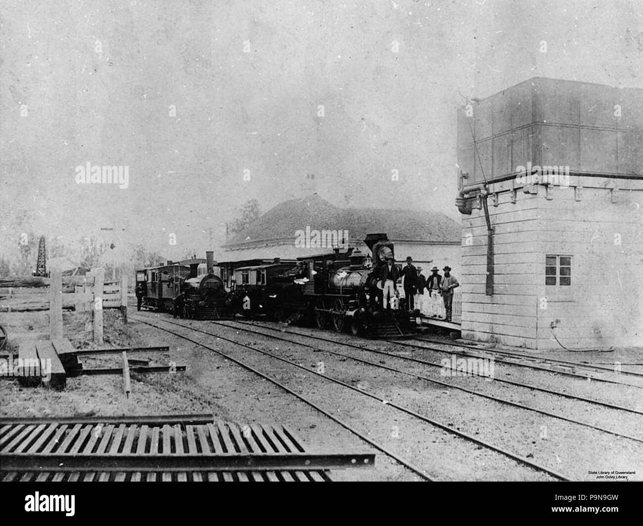 318 Two steam engines at Grandchester, Queensland, Railway Station, around 1884 Stock Photo