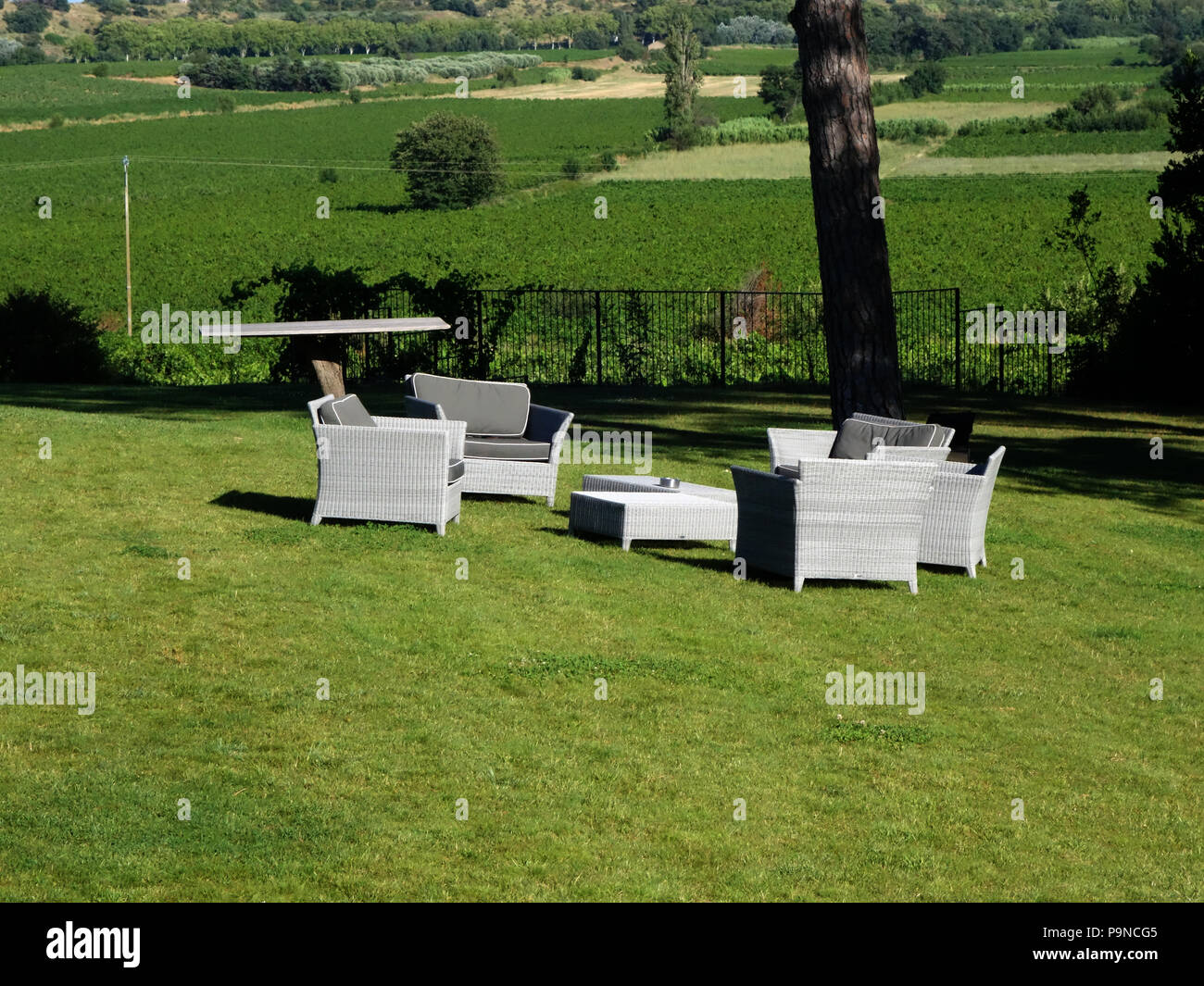 Wonderful places to sit and relax looking across the millions of vines owned by Château St Pierre de Serjac, near Magalas. Stock Photo