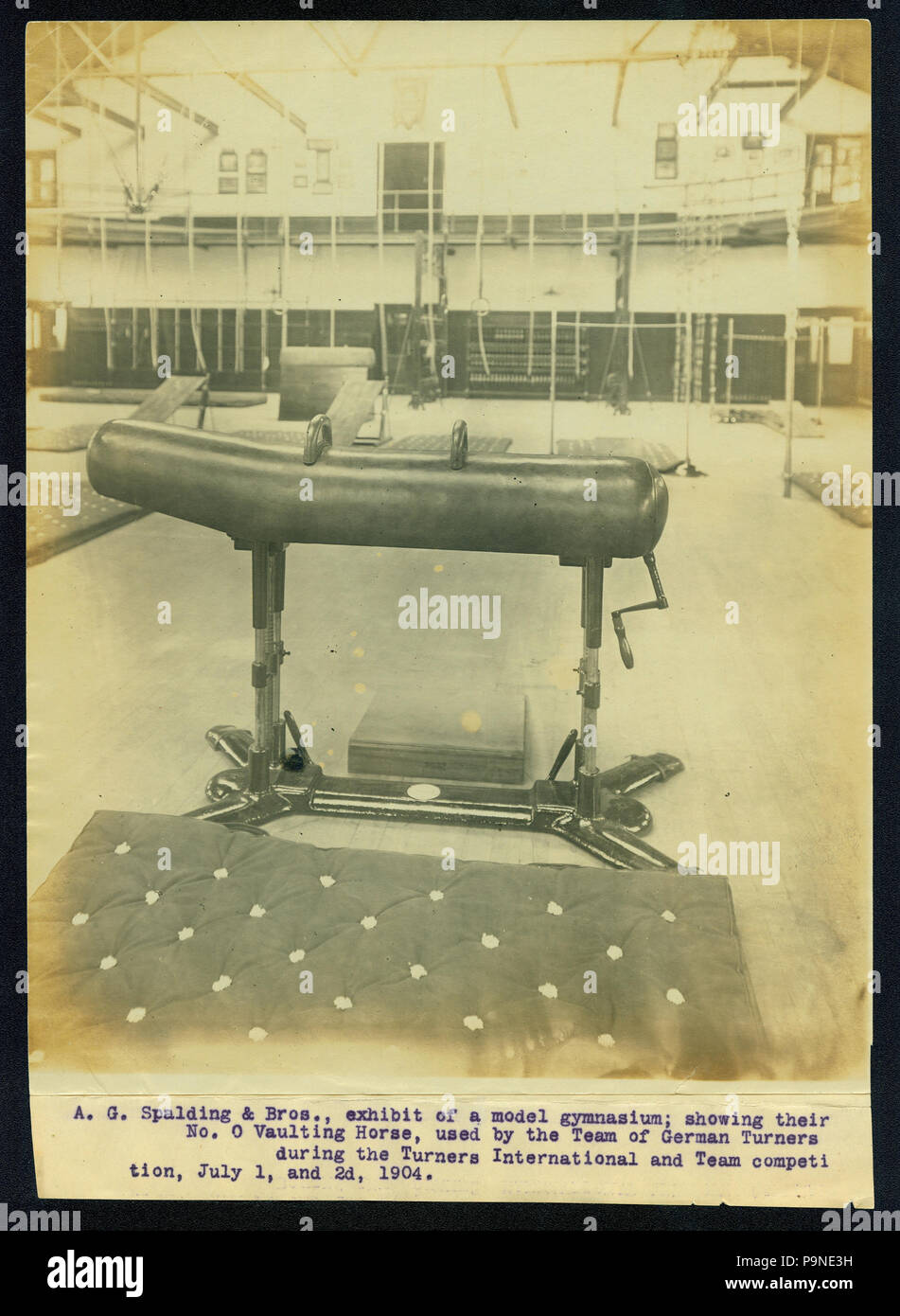 1 &quot;A. G. Spalding and Brothers, exhibit of a model gymnasium; showing their No. 0 Vaulting Horse, used by the Team of German Turners during the Turners International and Team competition, July 1, and 2d, 1904.&quot; Stock Photo