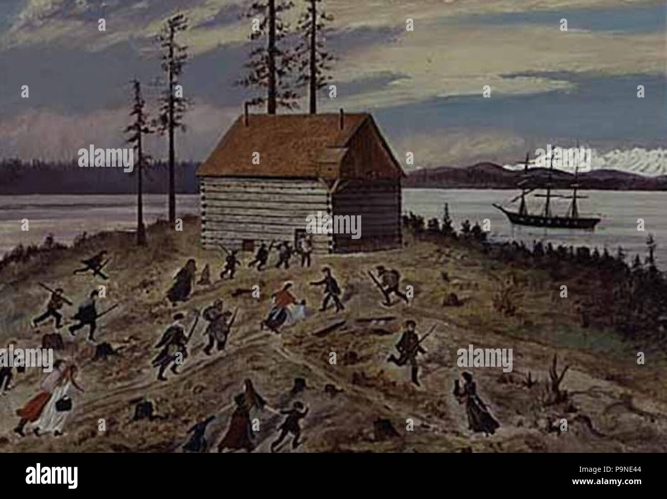 . English: Yakima War - Seattleites evacuate to the town blockhouse as USS Decatur opens fire on advancing tribal forces. - Emily Inez Denny was the eldest child of early settler David Denny and his wife, Louisa Boren Denny. She was born in 1853, two years after her parents landed at Alki. During her life, Denny painted and drew many scenes of Seattle's early history. One of her many paintings showed the Battle of Seattle which took place on January 26, 1856. Emily Inez Denny's painting shows Seattle's white settlers running to safety in the city's blockhouse. The ship 'Decatur' sits offshore  Stock Photo