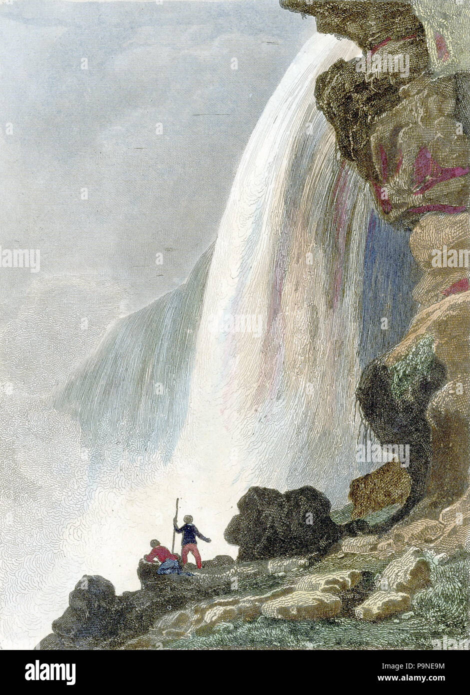 . English: Print from steel engraving titled Voute sous la Chute du Niagara - Niagara Falls - from 1st edition of Jean-Baptiste-Gaspard Roux de Rochelle's Etats-Unis d'Amérique. Paris: Firmin Didot Freres, [1837], approx. page size 14 x 22 cm, approx. image size 9 x 14 cm. Hand coloring, drawn by Jacques-Hippolyte van der Burch, engraved by Chollet. From a set of illustrations for Roux de Rochelle's work on the United States. Roux de Rochelle, the French Minister to the U.S., included this volume in a large series entitled L'Univers. The American volume included 96 images of the United States  Stock Photo