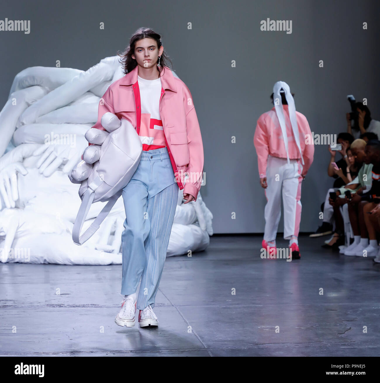 New York, NY, USA - July 10, 2018: A model walks runway for Feng Chen Wang Spring/Summer 2019 runway show during NY Fashion Wweek: Men's at Industria  Stock Photo