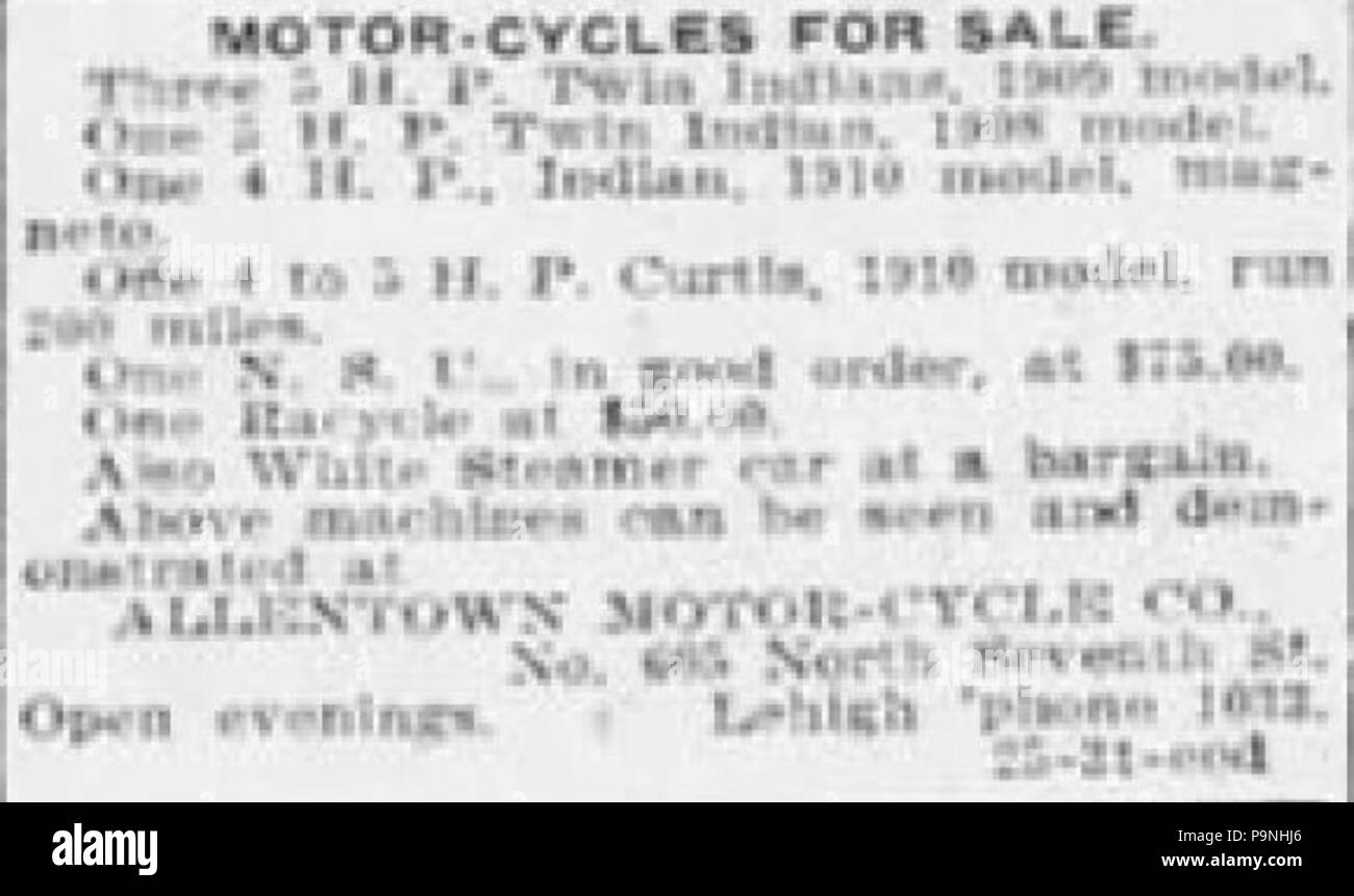 30 1911 - Allen Motorcycle Company Ad - 25 Mar LDR C - Allentown PA Stock Photo
