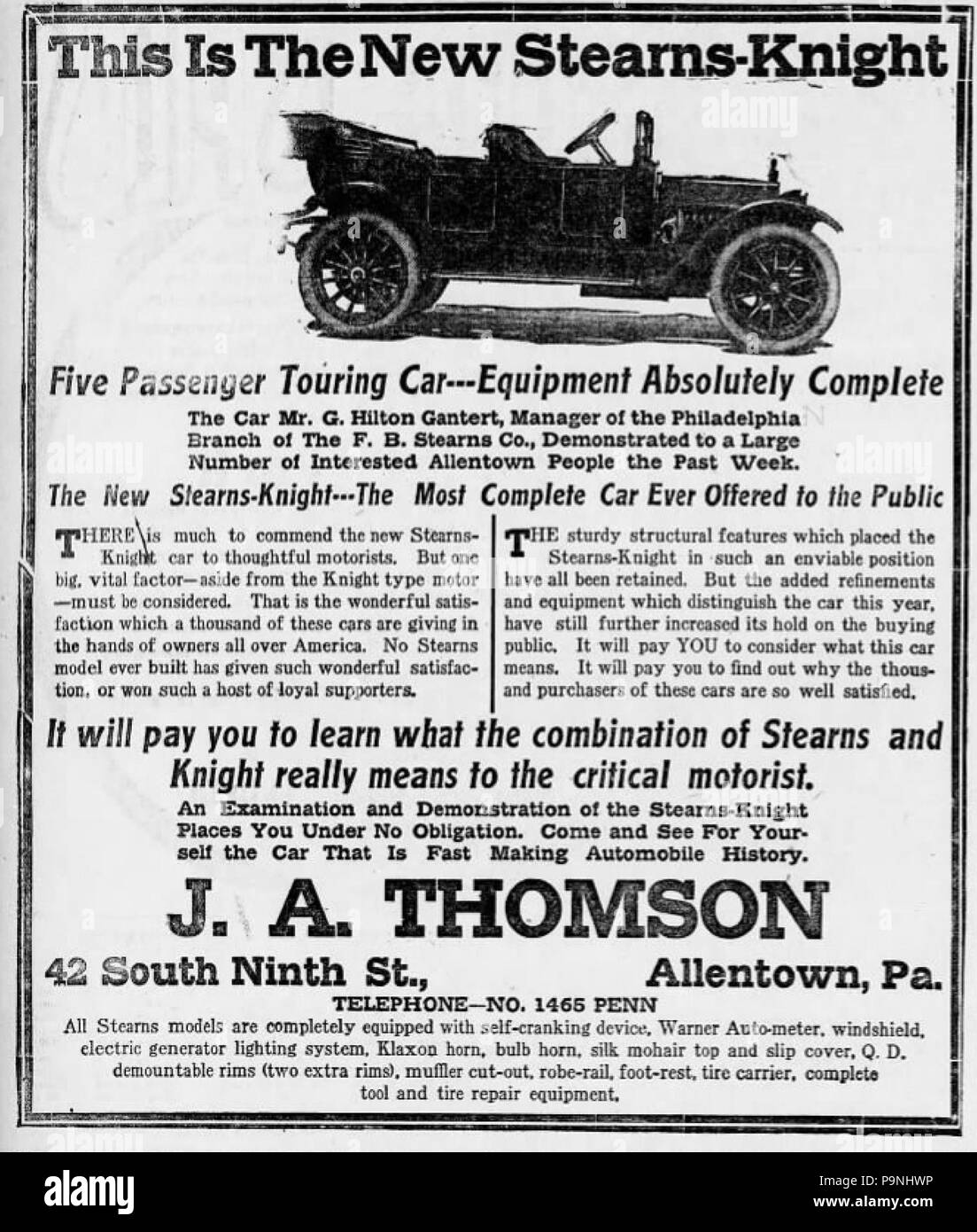 31 1912 - J A Thomson Newspaper Ad Allentown PA Stock Photo