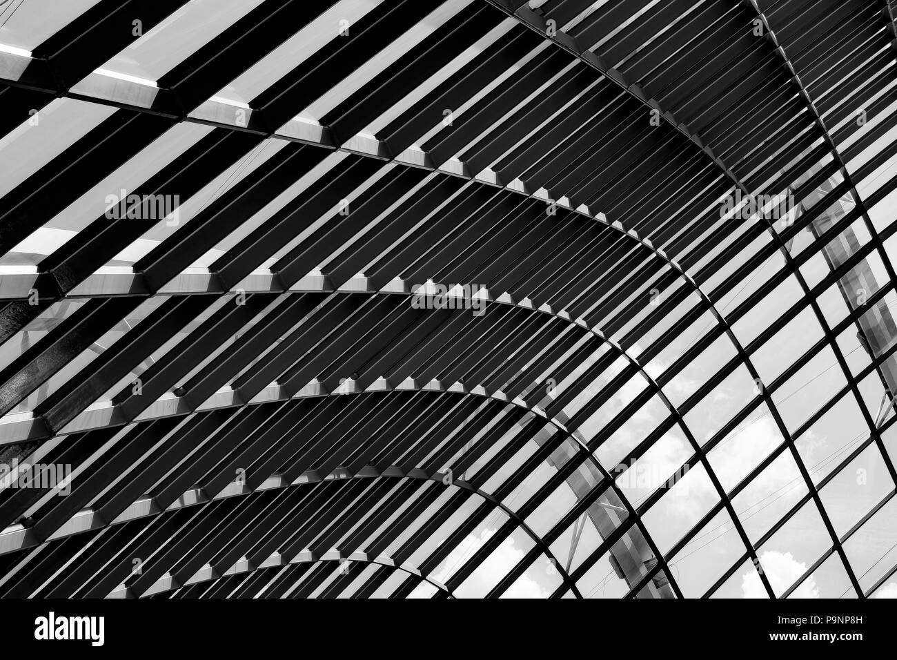 Black and White Abstract Steel Beam Ceiling Structure Stock Photo