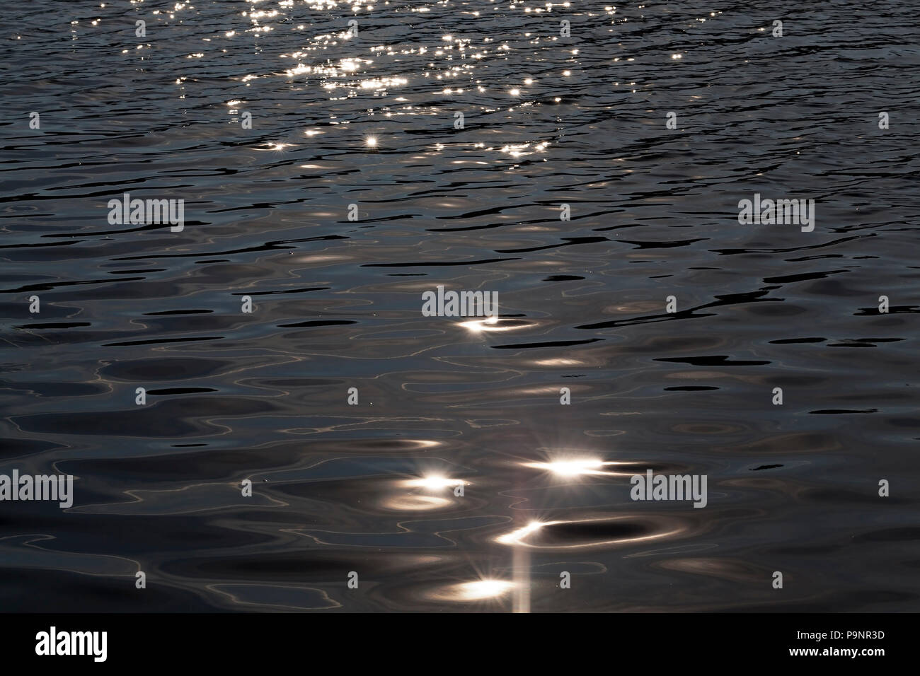 white glare of the sun on the dark water of the lake, close-up in the ...