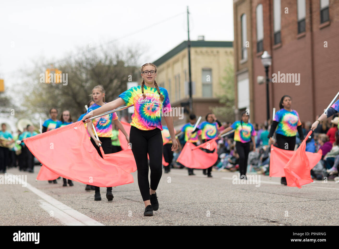Holland, Michigan, USA - May 12, 2018 Members of the west Ottawa 7th Grade marching band perform at the Muziek Parade, during the Tulip Time Festival Stock Photo
